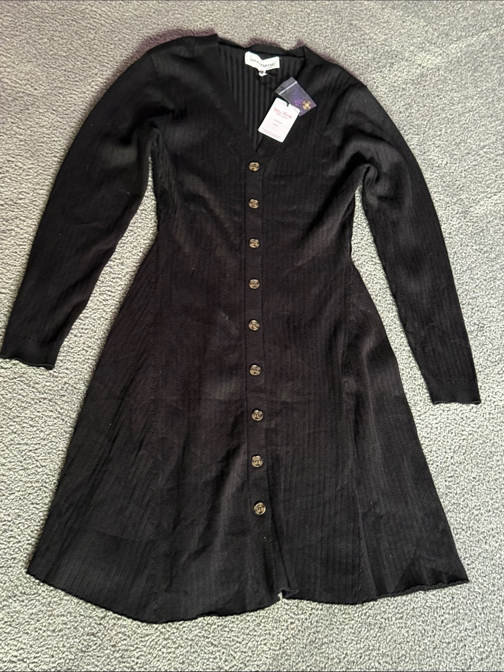 Lucky Brand Sweater Dress, Black, Long-Sleeve, Ribbed Knit, Button-Front. Size L